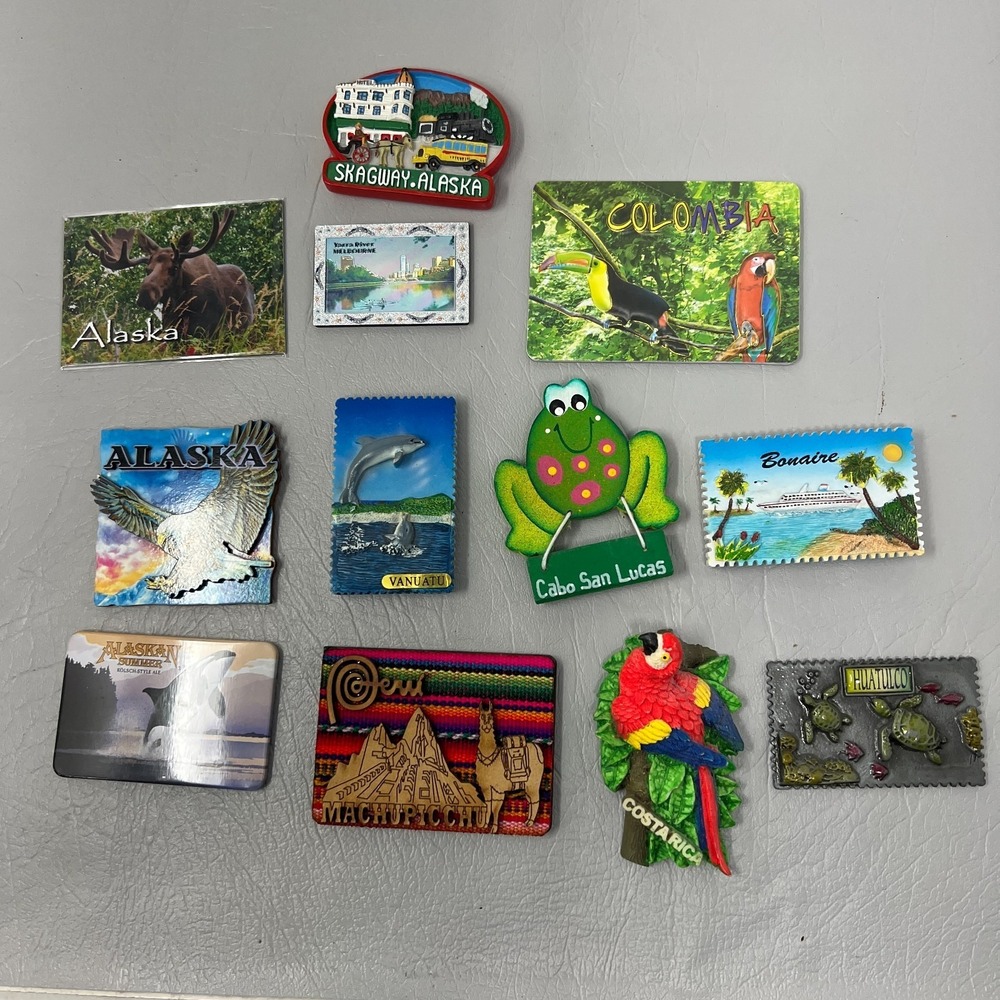 Mixed Travel Souvenir Magnets Lot of 12 Alaska Colombia Cabo Tropical Scenic Set